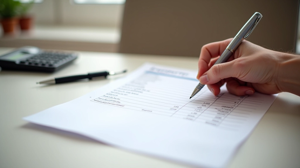 Feuille de budget mensuel avec colonnes pour dates, produits et montants, calculatrice et stylo à proximité