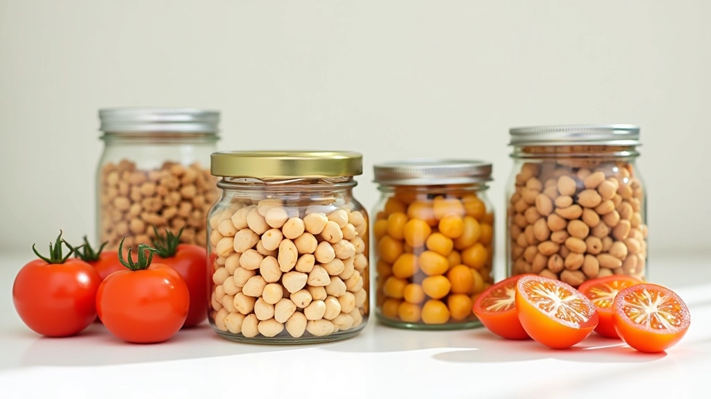 Diverses boîtes de conserves de tomate, haricots, pois chiches et poisson sur plan de travail blanc