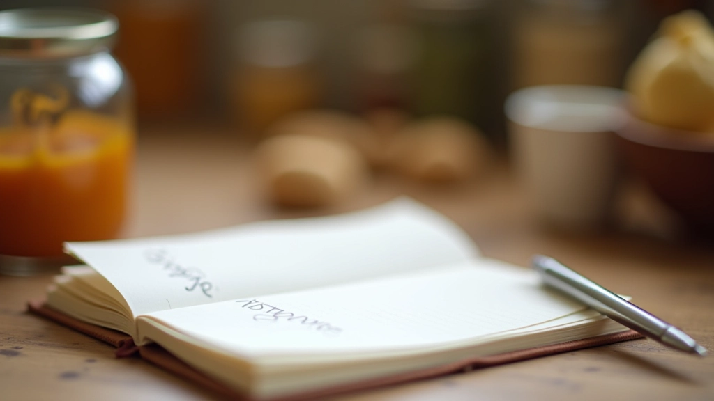 Inventaire écrit sur carnet avec liste de produits et quantités