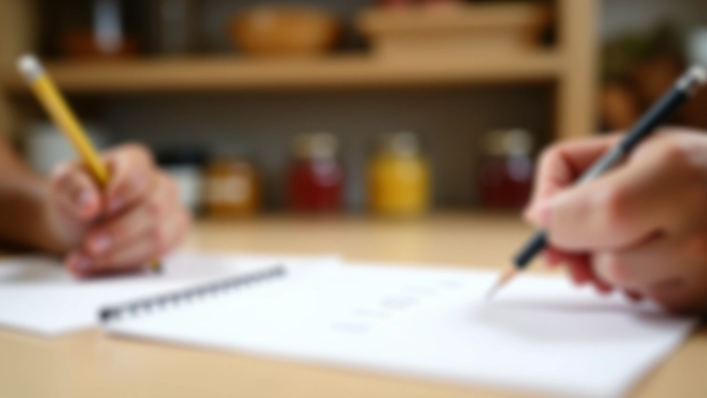 Liste de courses manuscrite avec crayons et stylos sur table blanche, placard organisé en arrière-plan