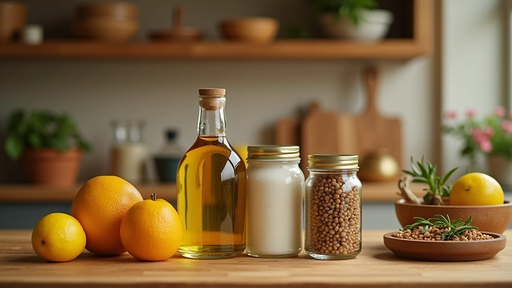Bouteilles d'huile d'olive, vinaigre et pots de condiments alignés, cadre de cuisine chaleureux avec lumière naturelle