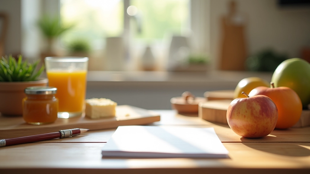 Plan de travail de cuisine avec liste de courses et articles de pantry à côté d'un calendrier mural