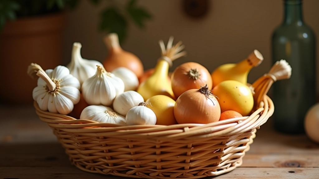 Ampoules d'ail, oignons jaunes et échalotes stockés dans panier en osier, décor de cuisine authentique