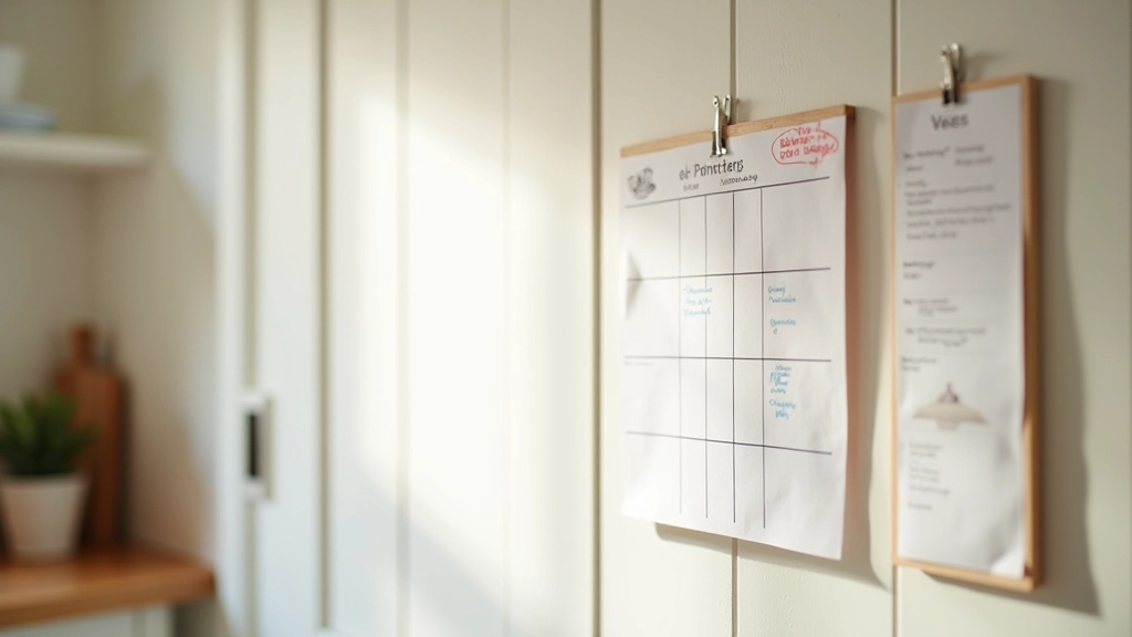 Calendrier mural affiché sur la porte du placard montrant les jours de restockage planifiés en couleurs