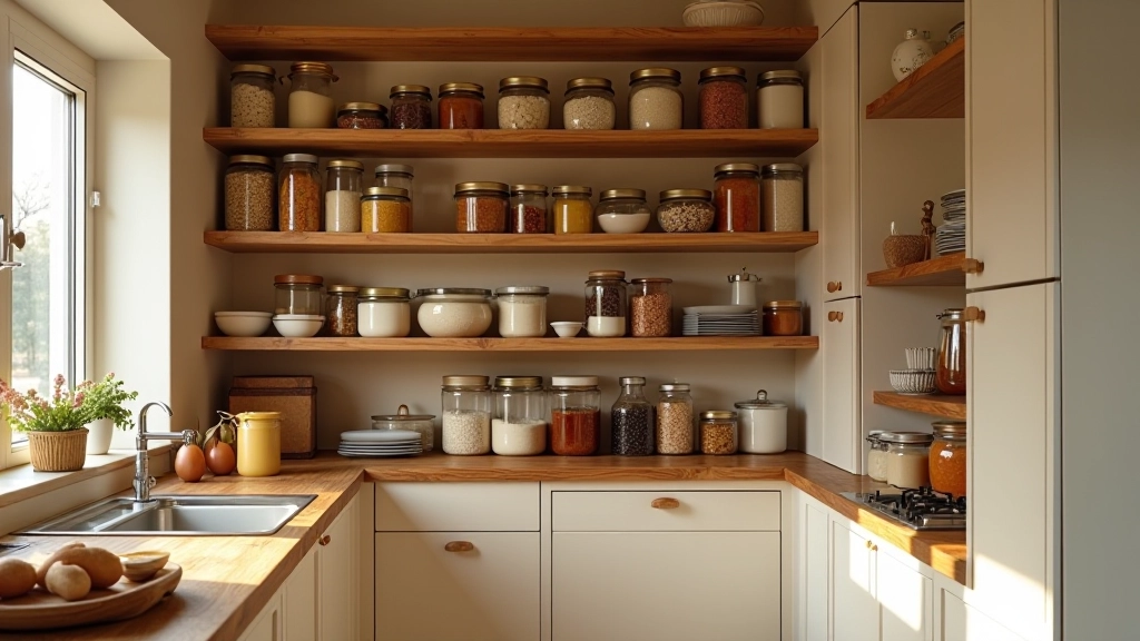 Organisation d'un placard de cuisine moderne avec produits de base français bien rangés et étiquetés