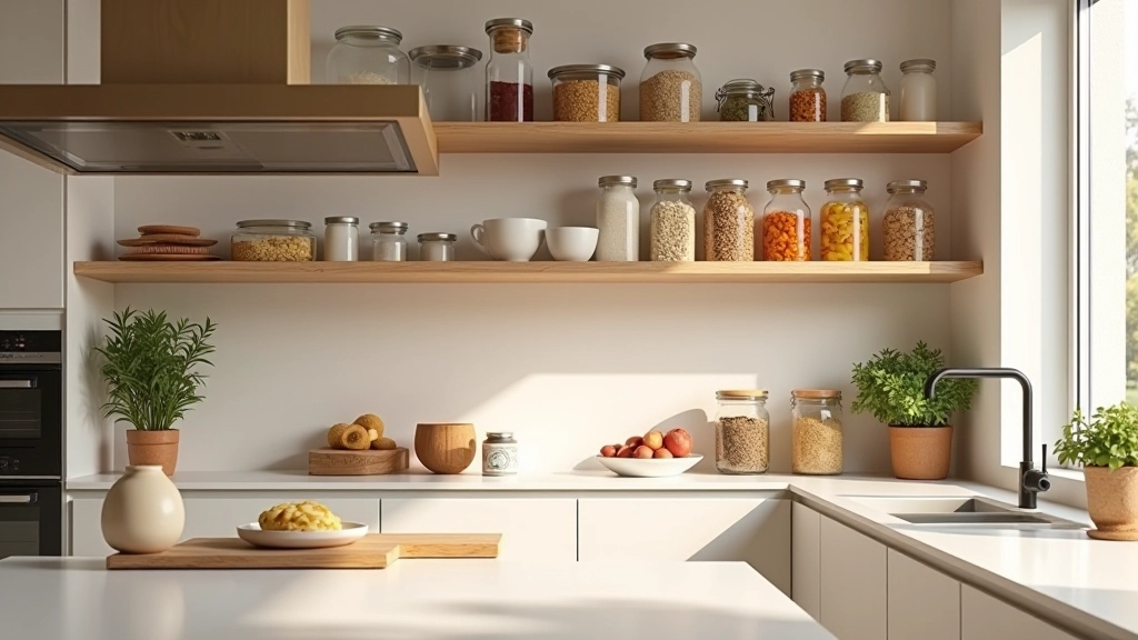 Cuisine moderne avec étagères bien organisées et produits de pantry visibles
