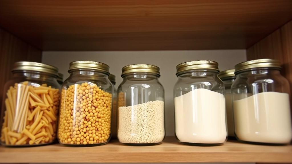 Bocaux transparents contenant pâtes, riz et farine avec étiquettes, rangés sur étagère de bois