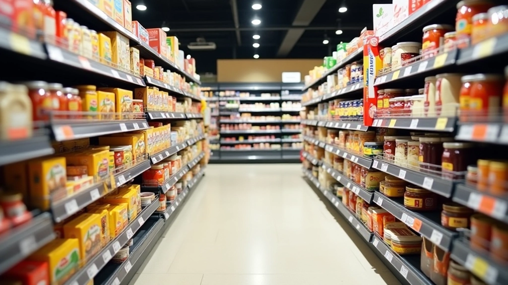 Rayons de supermarché avec étiquettes de prix et promotions en gros plan