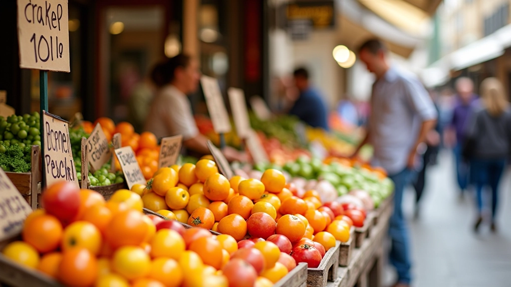 Étalage de marché avec fruits et légumes frais et étiquettes de prix artisanales