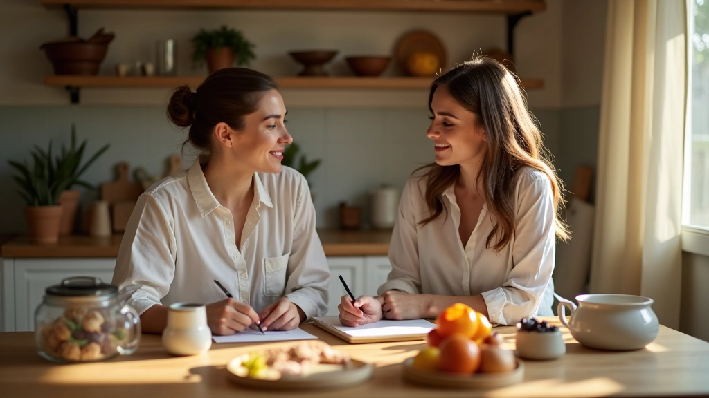 Deux amies comparant leurs listes de course mensuelles dans une cuisine, souriant et prenant des notes