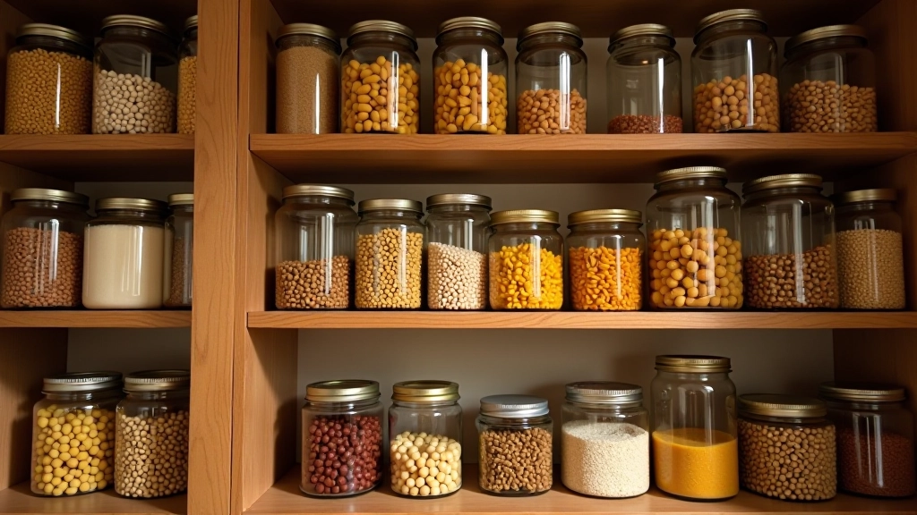 Étagères de placard avec bocaux de légumes secs, pâtes et conserves bien organisés