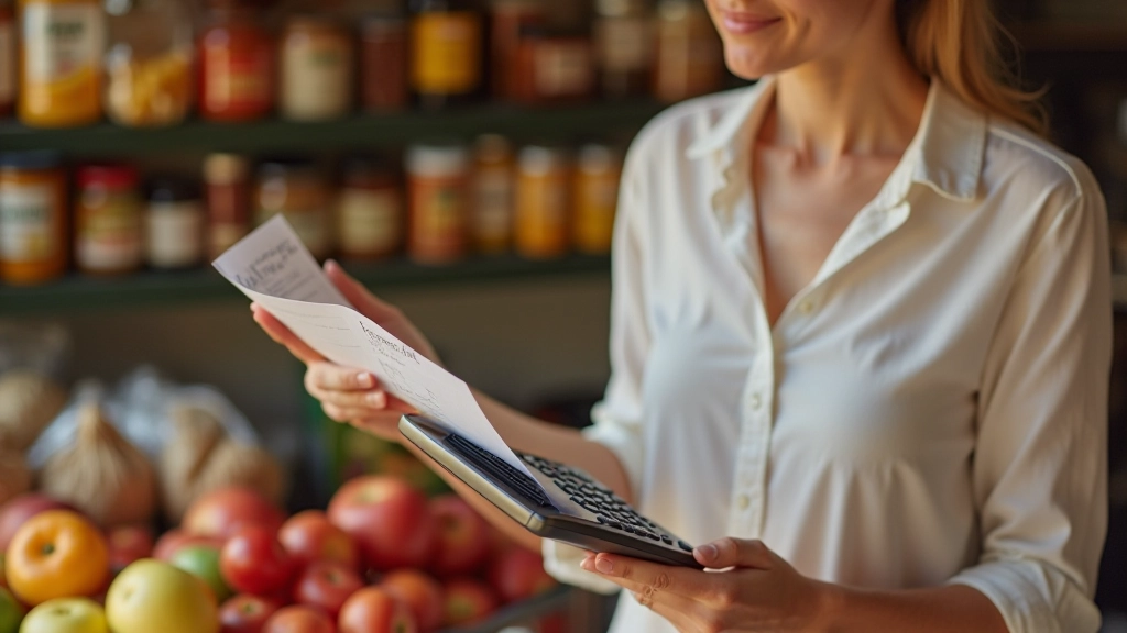 Femme comparant les prix entre marché et grande surface avec calculatrice et liste